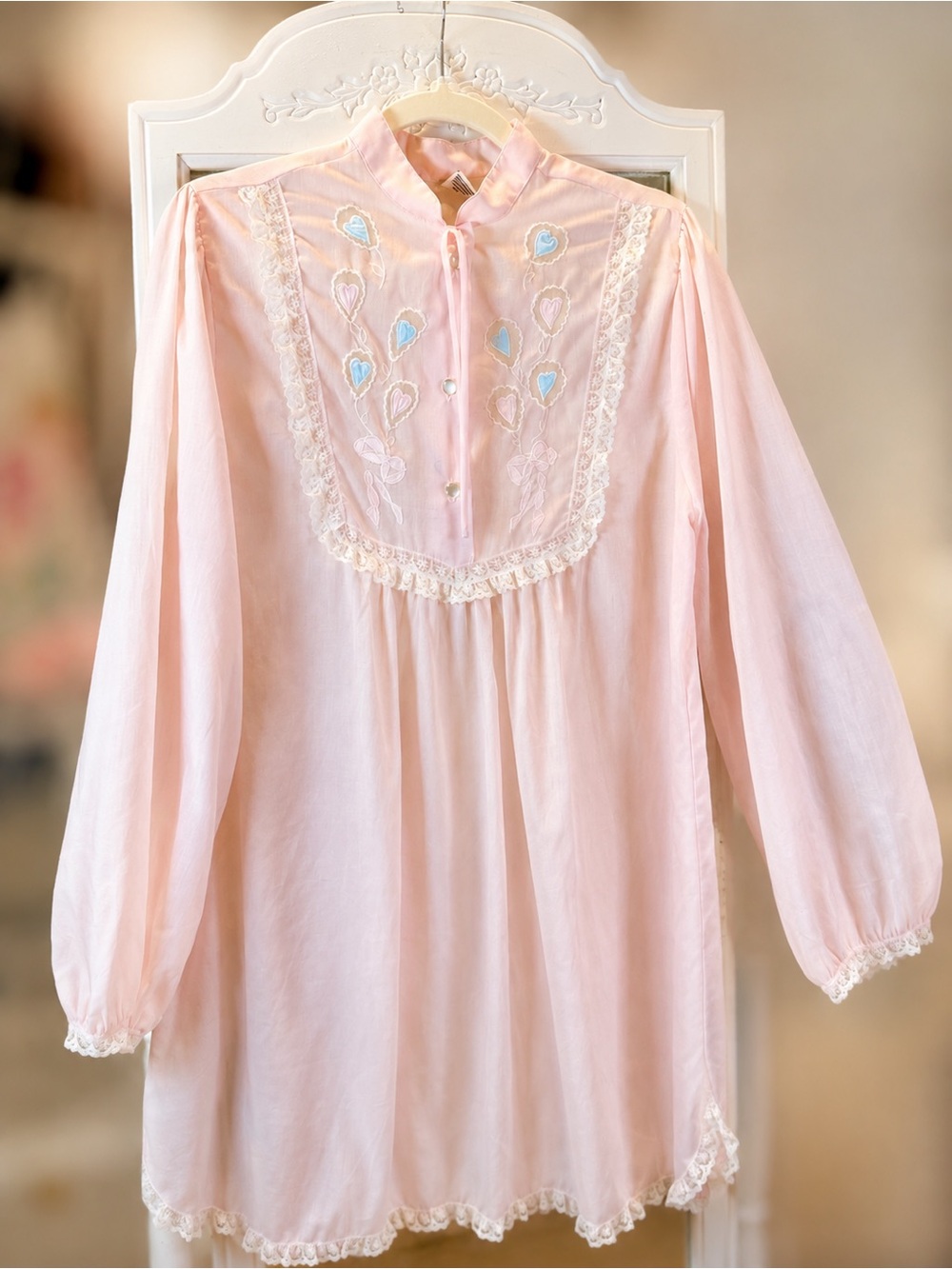 Vintage Pink Embroidered Heart Lace Cottagecore Prairie Blouse | Medium